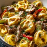 Easy Cheesesteak Tortellini Skillet with Melted Provolone First Image