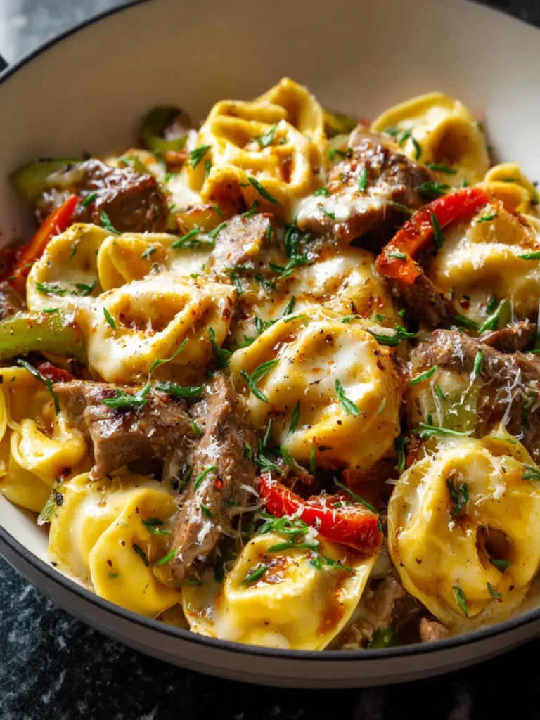 Easy Cheesesteak Tortellini Skillet with Melted Provolone First Image